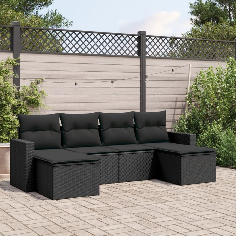 6-delige Loungeset met kussens poly rattan zwart