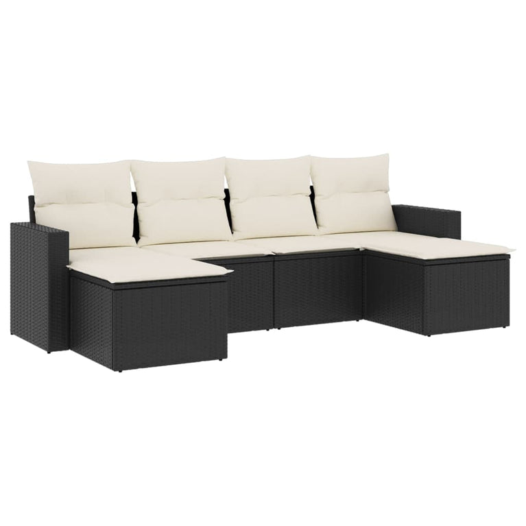 6-delige Loungeset met kussens poly rattan zwart