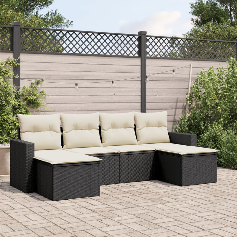 6-delige Loungeset met kussens poly rattan zwart