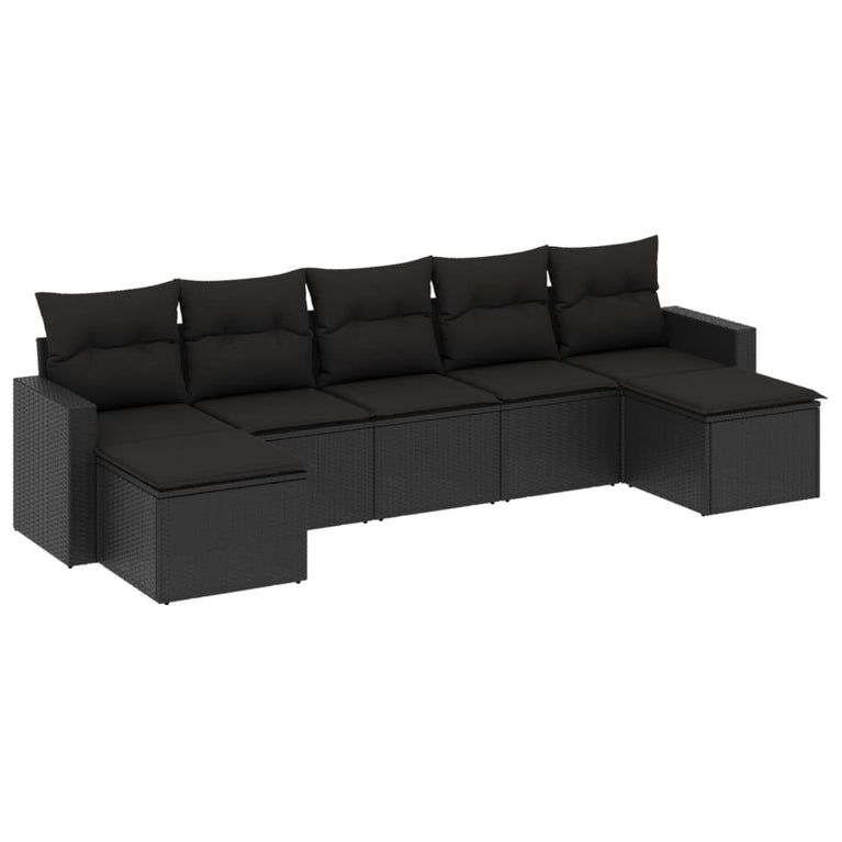 7-delige Loungeset met kussens poly rattan zwart