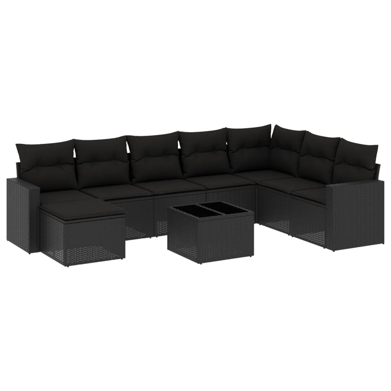 9-delige Loungeset met kussens poly rattan zwart