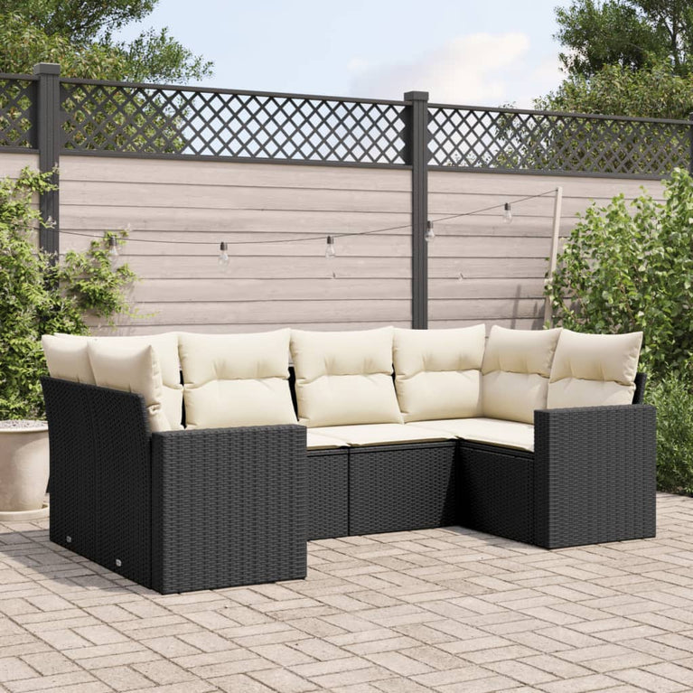 6-delige Loungeset met kussens poly rattan zwart