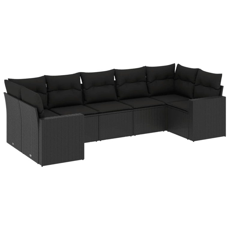 7-delige Loungeset met kussens poly rattan zwart