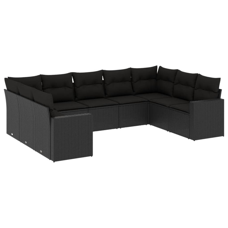 9-delige Loungeset met kussens poly rattan zwart