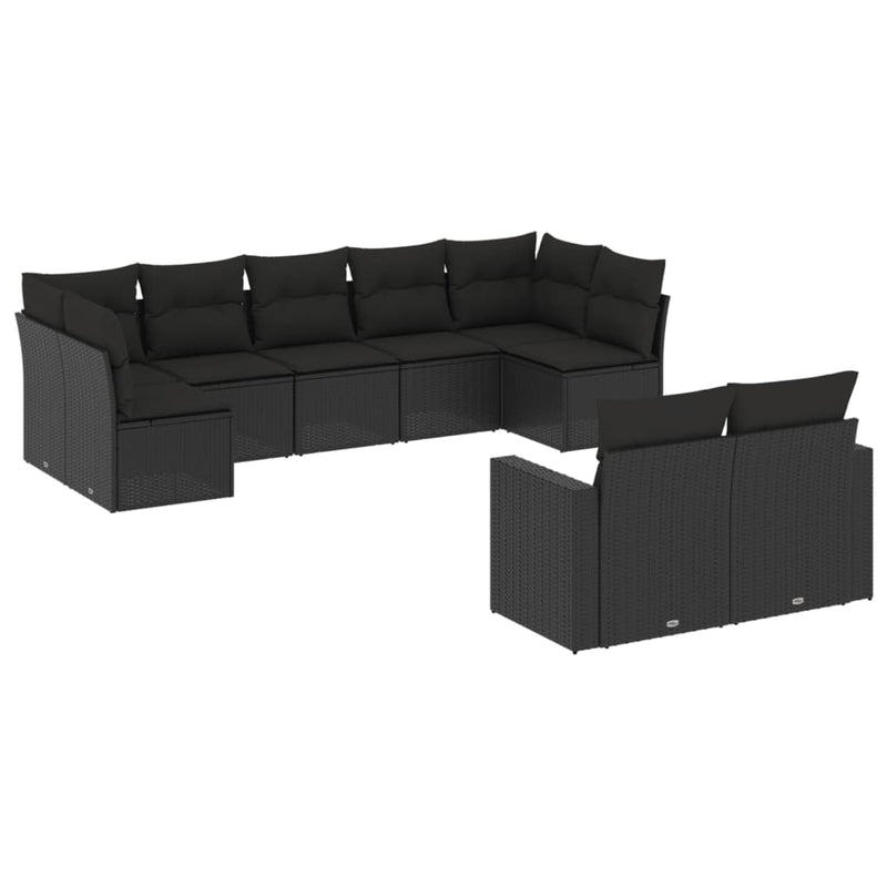 9-delige Loungeset met kussens poly rattan zwart