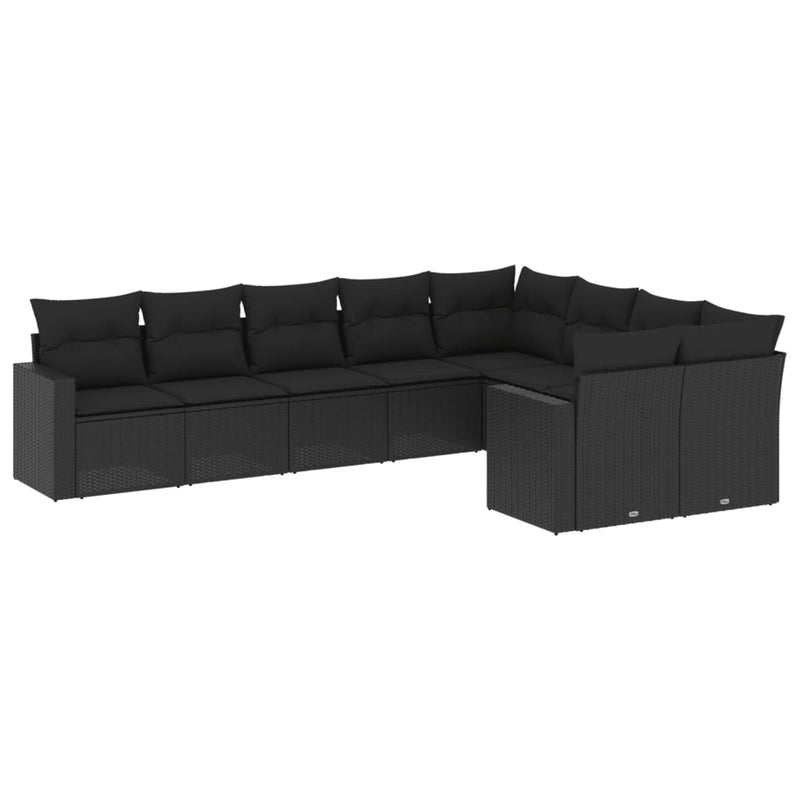 9-delige Loungeset met kussens poly rattan zwart