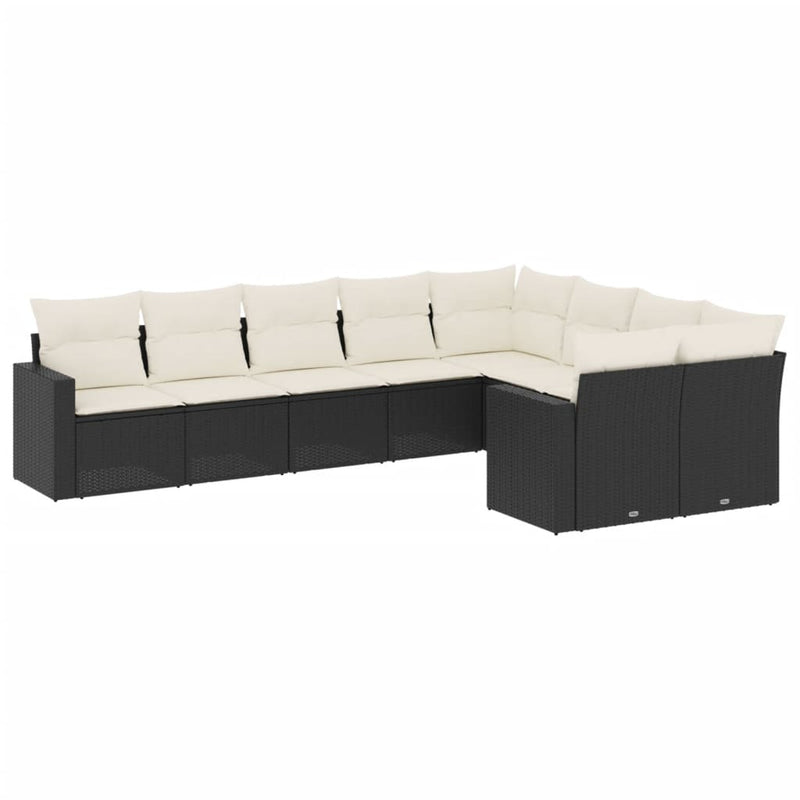 9-delige Loungeset met kussens poly rattan zwart