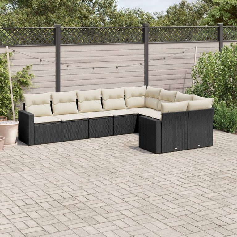 9-delige Loungeset met kussens poly rattan zwart