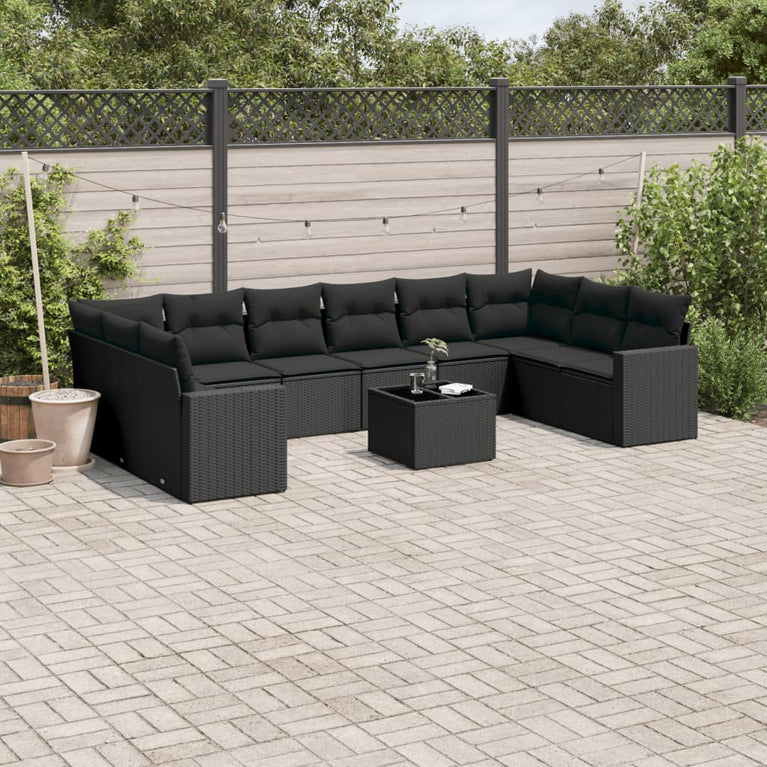11-delige Loungeset met kussens poly rattan zwart