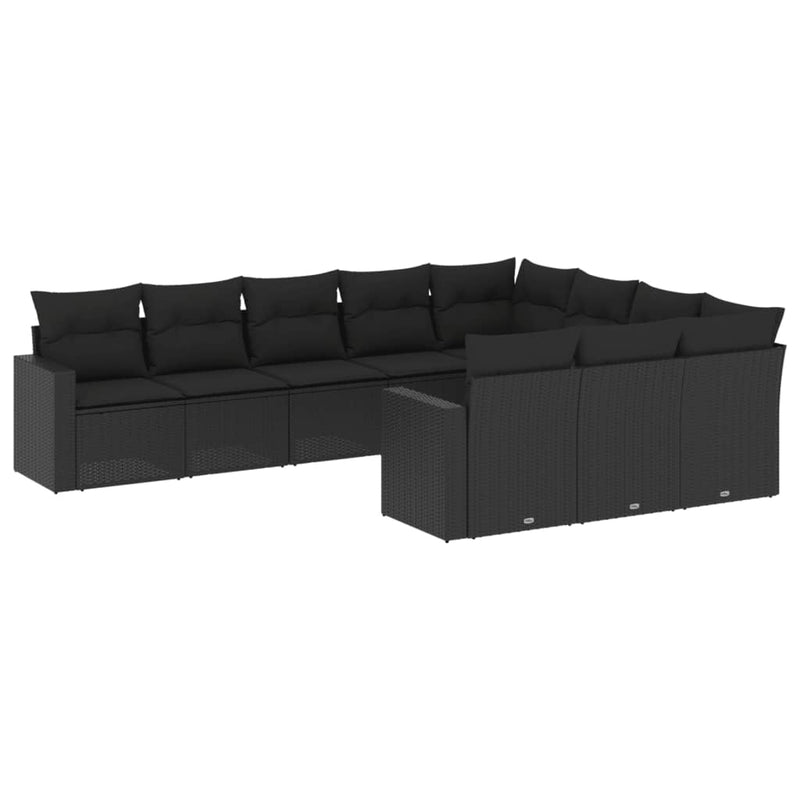 10-delige Loungeset met kussens poly rattan zwart