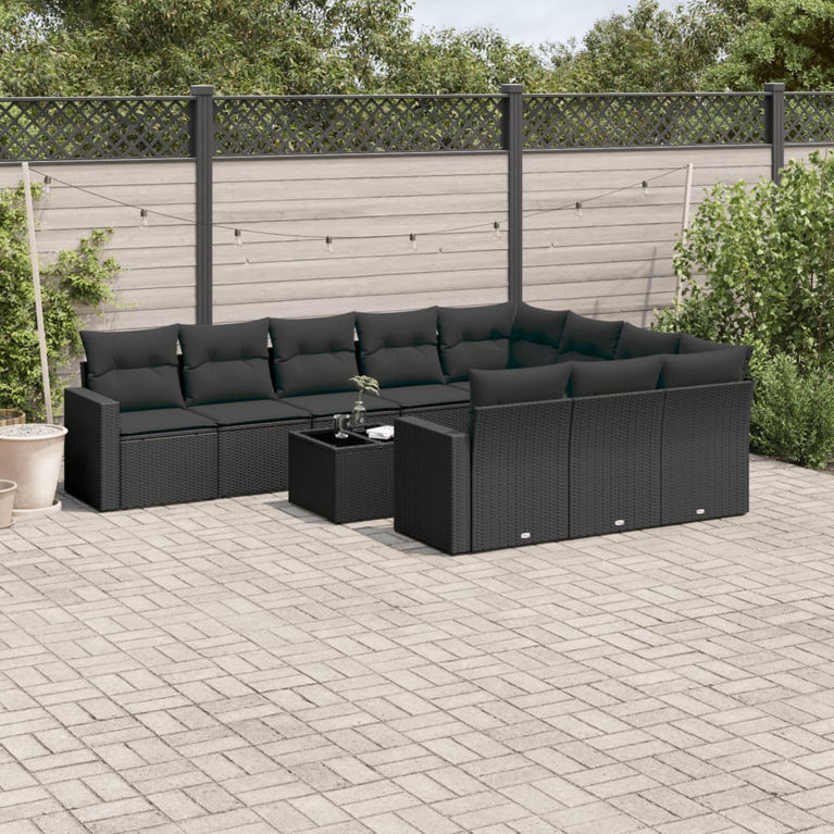 11-delige Loungeset met kussens poly rattan zwart