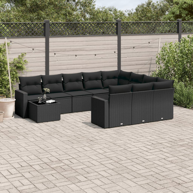 11-delige Loungeset met kussens poly rattan zwart