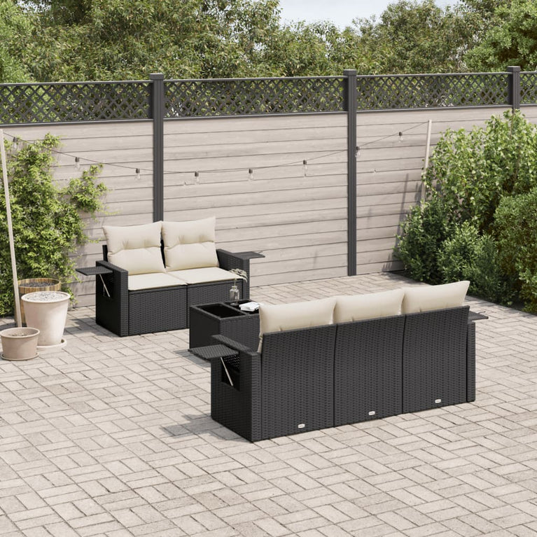 6-delige Loungeset met kussens poly rattan zwart