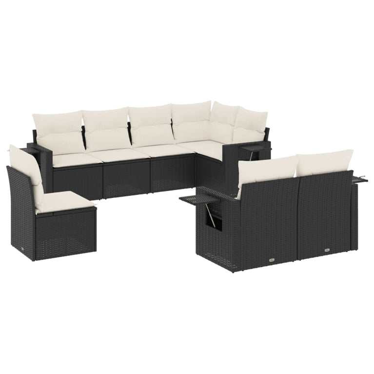 8-delige Loungeset met kussens poly rattan zwart