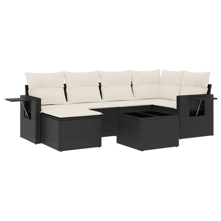 7-delige Loungeset met kussens poly rattan zwart