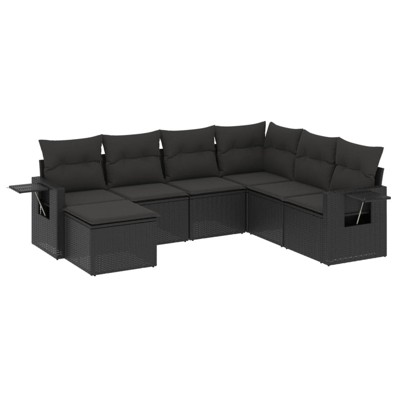 7-delige Loungeset met kussens poly rattan zwart