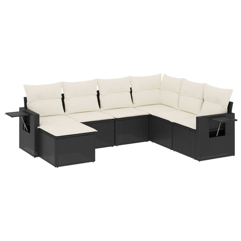 7-delige Loungeset met kussens poly rattan zwart