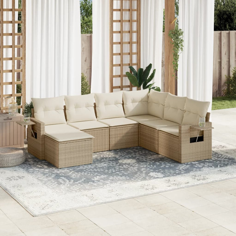 7-delige Loungeset met kussens poly rattan beige