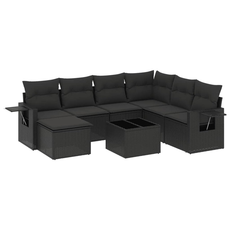 8-delige Loungeset met kussens poly rattan zwart