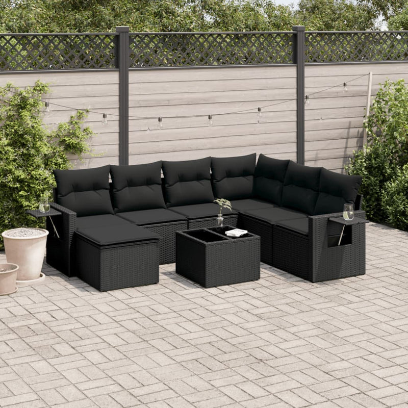 8-delige Loungeset met kussens poly rattan zwart