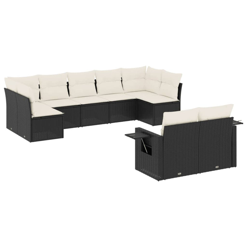 9-delige Loungeset met kussens poly rattan zwart