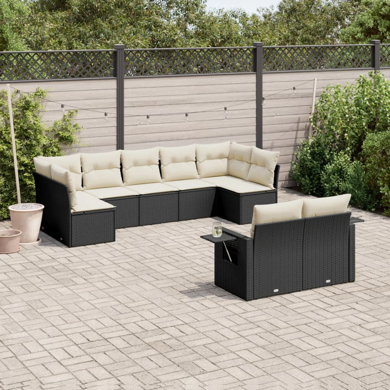 9-delige Loungeset met kussens poly rattan zwart