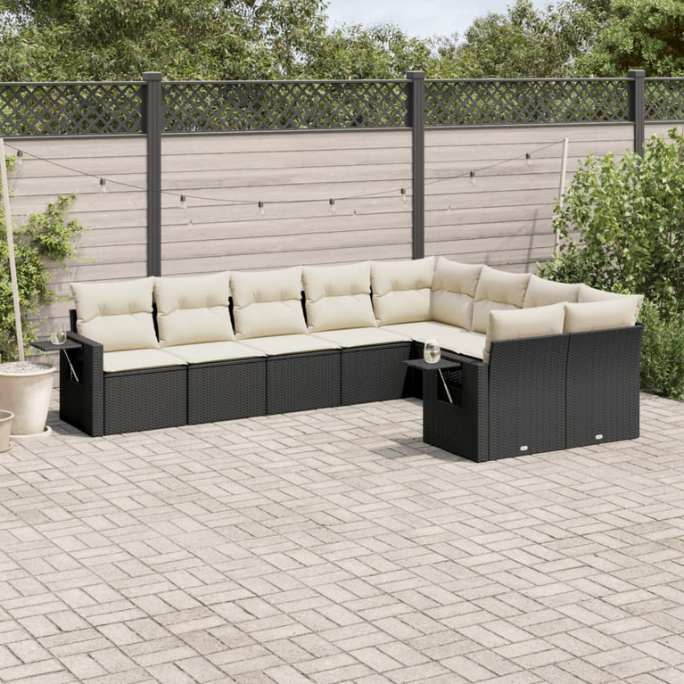 9-delige Loungeset met kussens poly rattan zwart