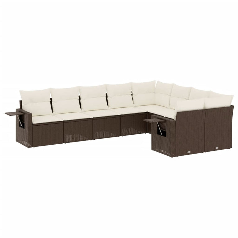 9-delige Loungeset met kussens poly rattan bruin