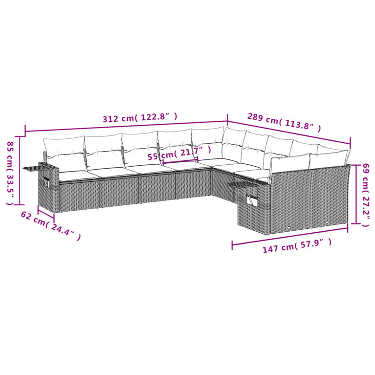 10-delige Loungeset met kussens poly rattan bruin