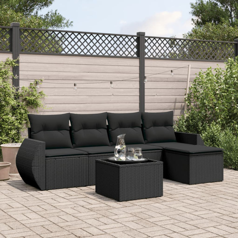 6-delige Loungeset met kussens poly rattan zwart