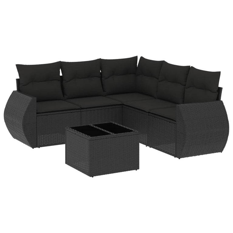 6-delige Loungeset met kussens poly rattan zwart