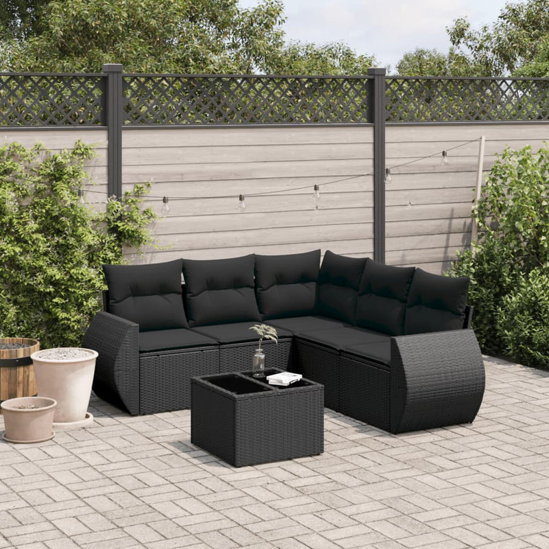 6-delige Loungeset met kussens poly rattan zwart