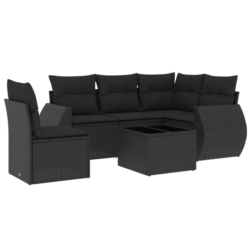 6-delige Loungeset met kussens poly rattan zwart
