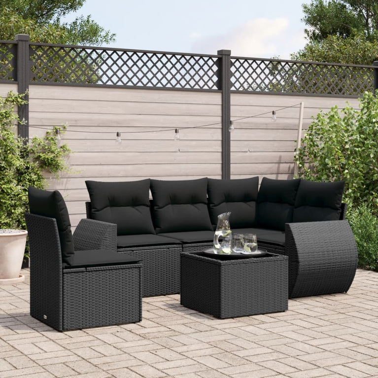 6-delige Loungeset met kussens poly rattan zwart