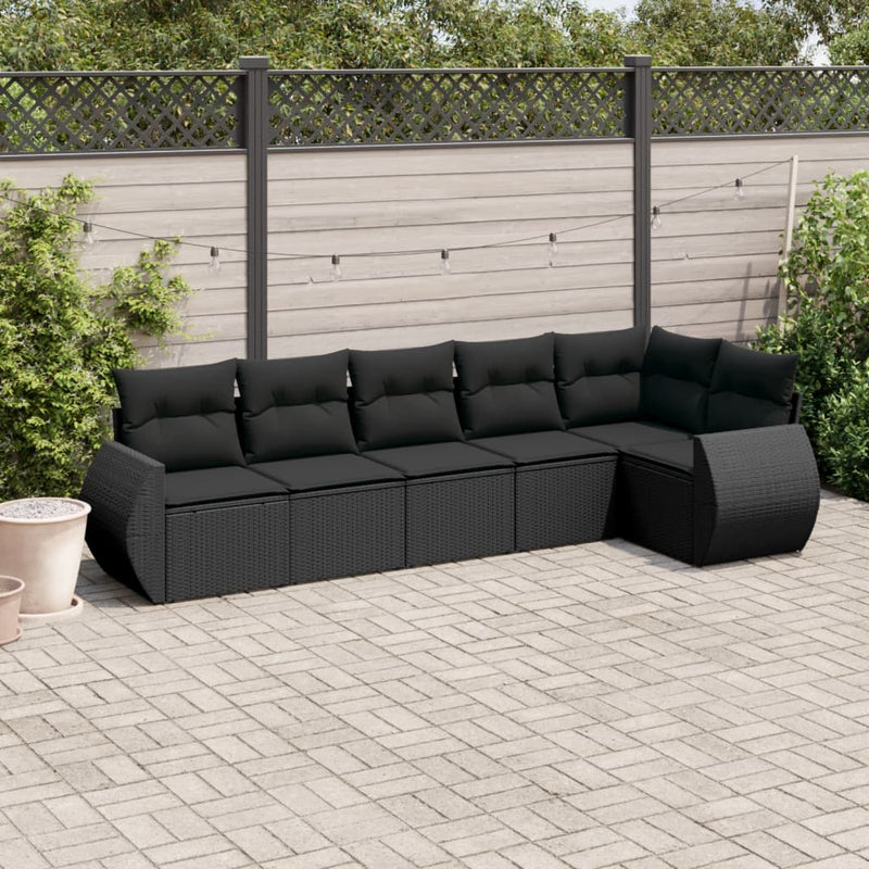 6-delige Loungeset met kussens poly rattan zwart