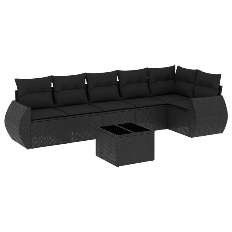 7-delige Loungeset met kussens poly rattan zwart