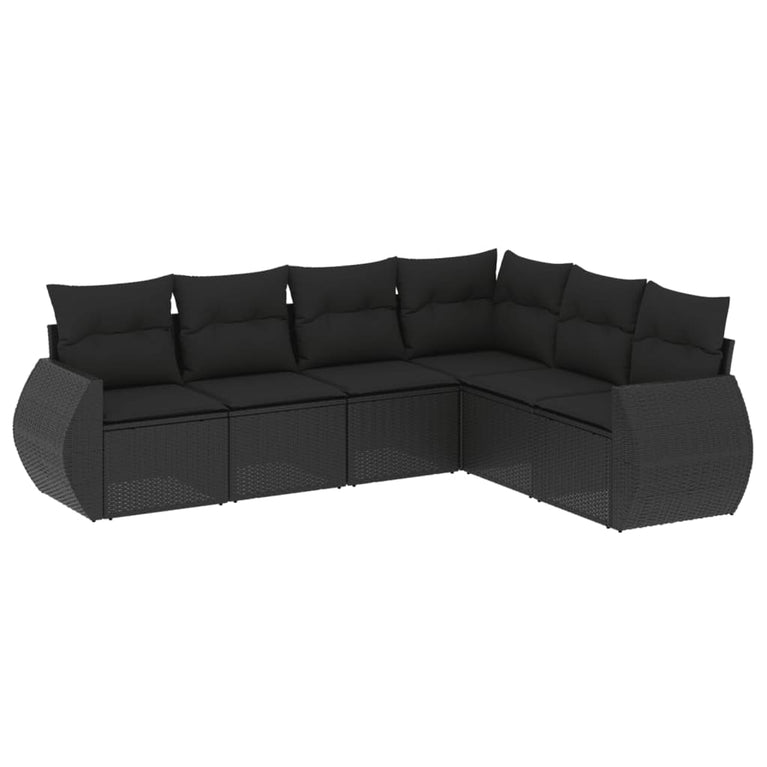 6-delige Loungeset met kussens poly rattan zwart