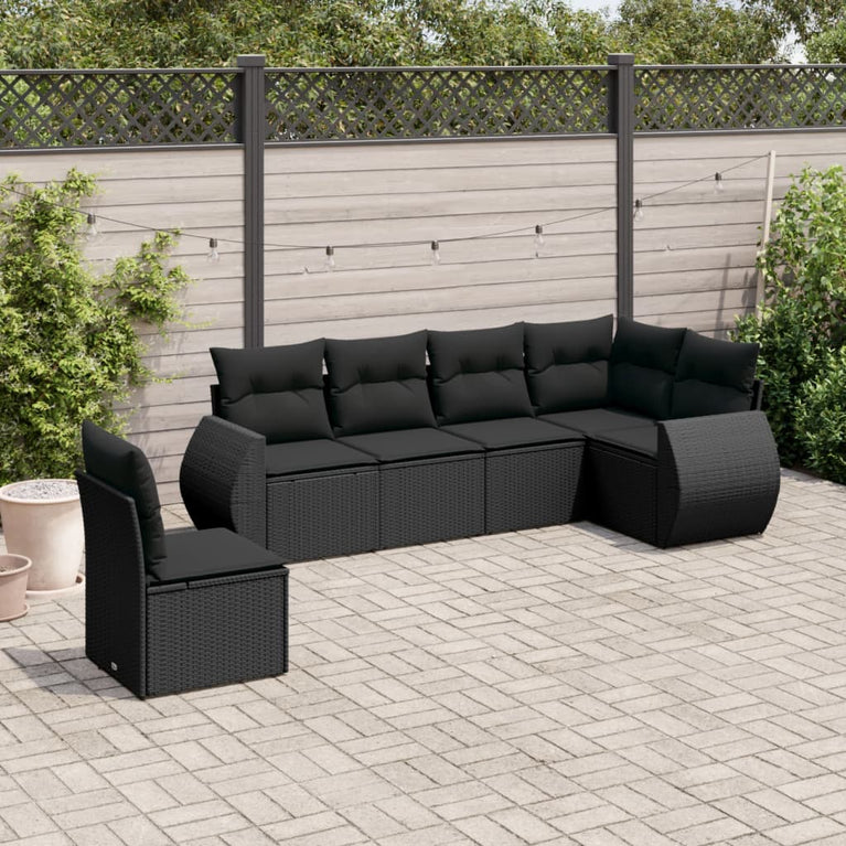 6-delige Loungeset met kussens poly rattan zwart