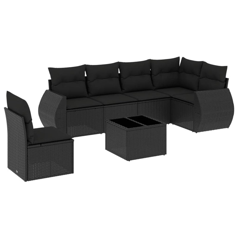 7-delige Loungeset met kussens poly rattan zwart