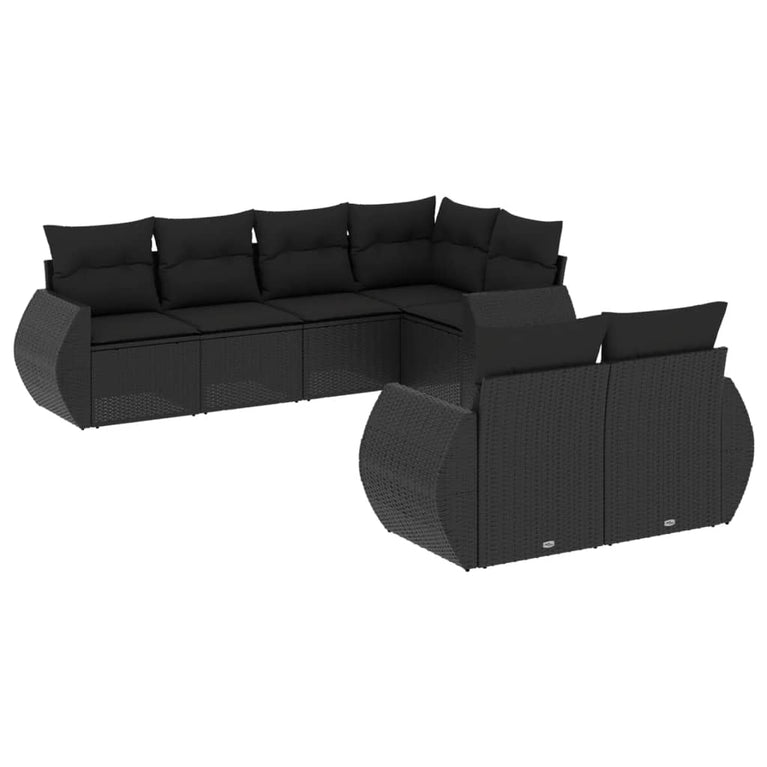 7-delige Loungeset met kussens poly rattan zwart
