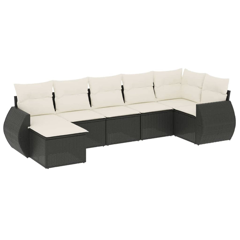 7-delige Loungeset met kussens poly rattan zwart