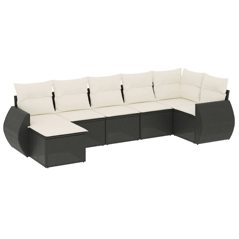 7-delige Loungeset met kussens poly rattan zwart