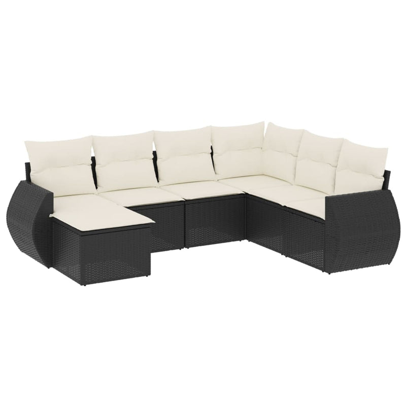 7-delige Loungeset met kussens poly rattan zwart