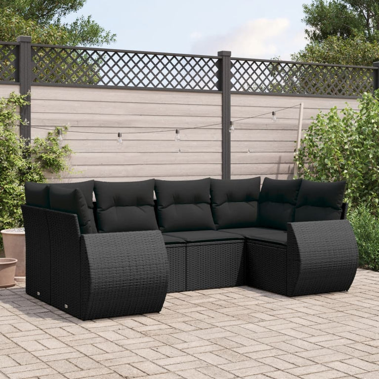 6-delige Loungeset met kussens poly rattan zwart