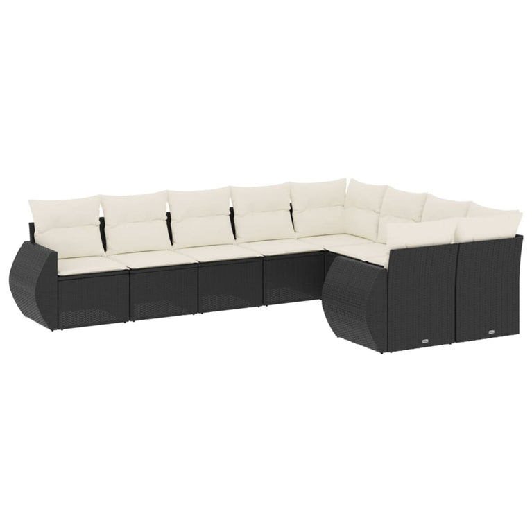 9-delige Loungeset met kussens poly rattan zwart