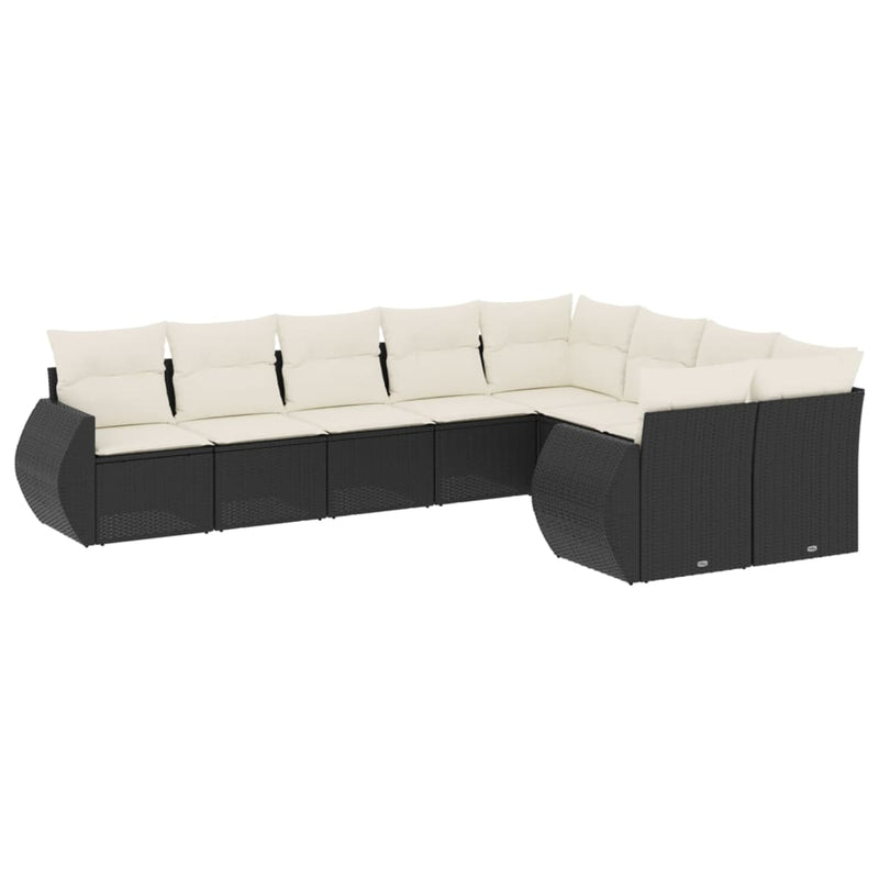 9-delige Loungeset met kussens poly rattan zwart