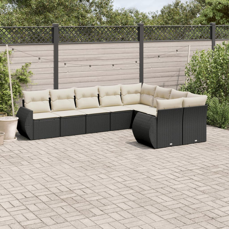 9-delige Loungeset met kussens poly rattan zwart