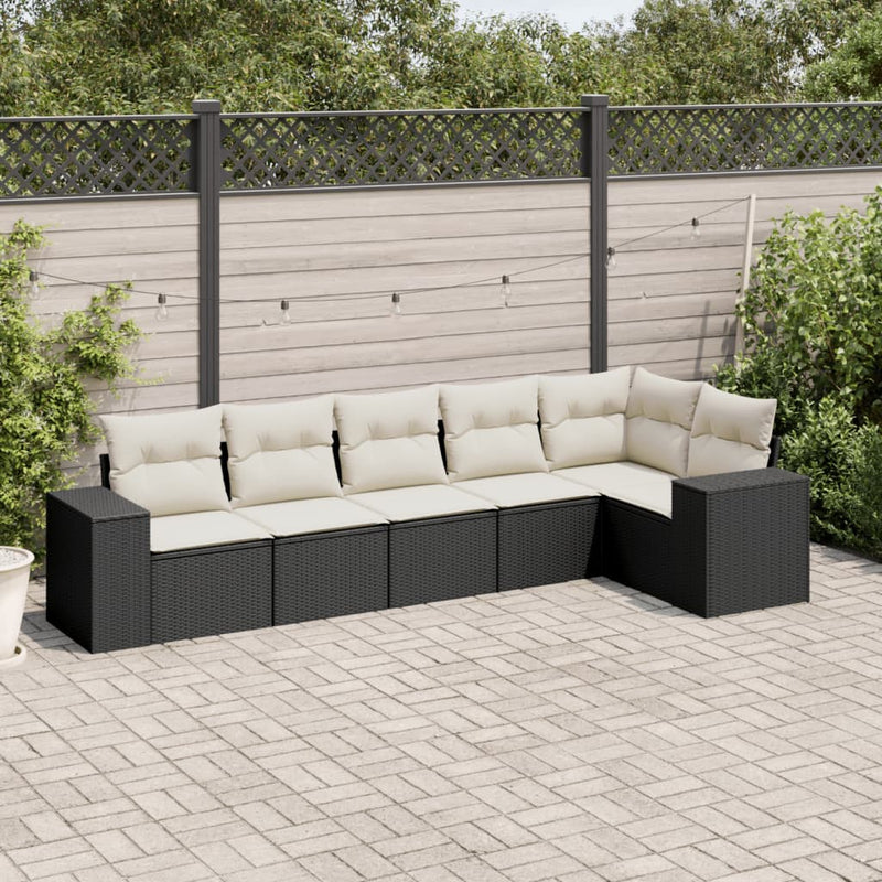 6-delige Loungeset met kussens poly rattan zwart