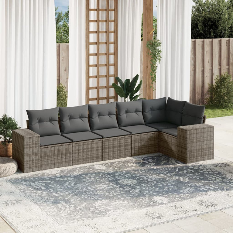 6-delige Loungeset met kussens poly rattan grijs