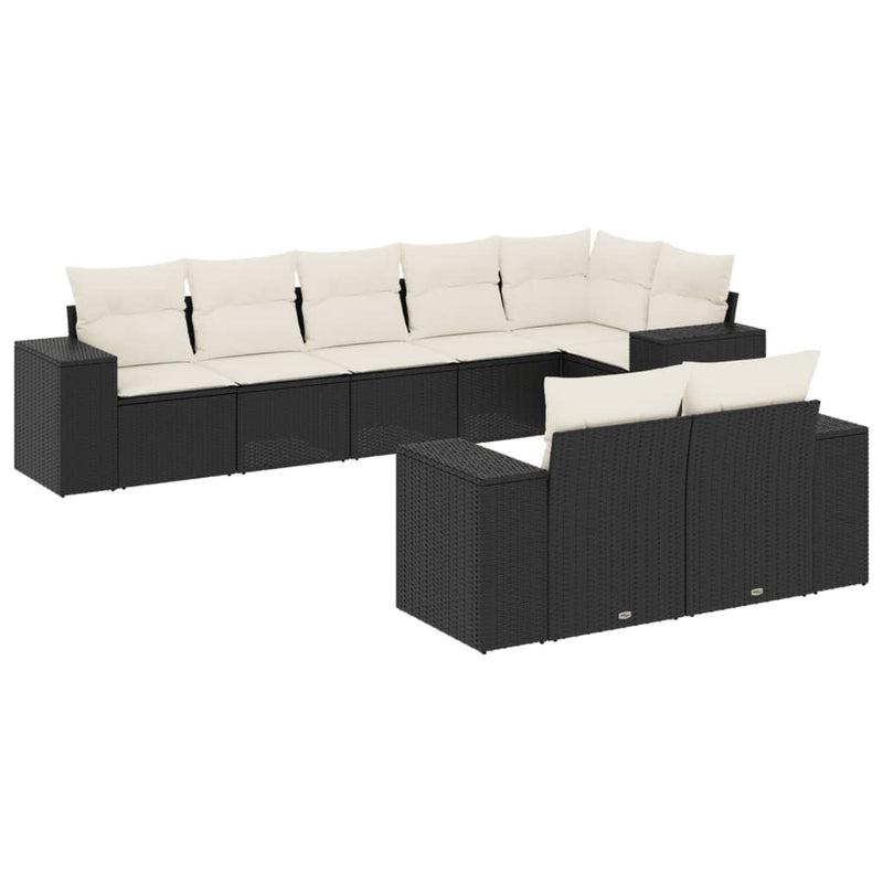 8-delige Loungeset met kussens poly rattan zwart